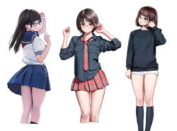 Rule 34 | 3girls, black shirt, black socks, black sweater, blue sailor collar, blue skirt, blunt bangs, bob cut, breast pocket, brown hair, collarbone, collared shirt, commentary, cropped legs, deadnooodles, feet out of frame, glasses, grey background, grin, highres, kneehighs, long hair, long sleeves, looking at another, miniskirt, multiple girls, necktie, original, plaid, plaid necktie, plaid skirt, pleated skirt, pocket, red necktie, red skirt, round eyewear, sailor collar, shirt, short hair, short sleeves, shorts, simple background, skirt, smile, socks, sweater, symbol-only commentary, teeth, white background, white shirt, white shorts