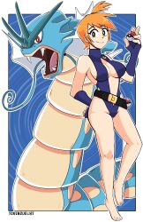 Rule 34 | 1girl, absurdres, adapted costume, armpits, asymmetrical hair, bare legs, belt, breasts, cowboy shot, creatures (company), game freak, gen 1 pokemon, gloves, green eyes, gyarados, gym leader, hair tie, highres, legs, medium breasts, mega pokemon, misty (pokemon), navel, nintendo, one-piece swimsuit, orange hair, pokemon, pokemon: the electric tale of pikachu, ponytail, shiny skin, short hair, side ponytail, swimsuit, thighs, tokenduelist, water, wide hips