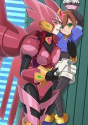 Rule 34 | 2girls, aile (mega man zx), android, armor, armored boots, armored leotard, arms up, blue footwear, blue jacket, blush, bodystocking, boots, bound, breasts, brown hair, clenched teeth, commentary request, covered navel, cowboy shot, detached wings, energy whip, ferham (mega man), forced, gloves, green eyes, hair between eyes, hand on another&#039;s chest, hand on another&#039;s crotch, helmet, highres, holding, jacket, large breasts, layered sleeves, long hair, long sleeves, looking at another, looking at viewer, mega man (series), mega man x: command mission, mega man x (series), mega man x dive, mega man zx, miruno, molestation, multiple girls, pantyhose, pantyhose under shorts, parted lips, pink armor, red hair, robot ears, shadow, short hair, short over long sleeves, short shorts, short sleeves, shorts, sidelocks, skin tight, small breasts, smile, spandex, standing, tears, teeth, tied up, whip, white shorts, wings, yuri