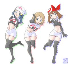 Rule 34 | 3girls, :d, absurdres, black gloves, black legwear, blue eyes, blue hair, blush, breasts, brown hair, creatures (company), crop top, dawn (pokemon), female focus, full body, game freak, gloves, gluteal fold, hair between eyes, hair ornament, hat, highres, leaning back, leaning forward, leg up, long hair, looking at viewer, may (pokemon), midriff, miniskirt, multiple girls, navel, nintendo, open mouth, pencil skirt, poke ball print, pokemon, pokemon (anime), pokemon dppt (anime), pokemon rse (anime), pokemon xy (anime), serena (pokemon), simple background, skirt, small breasts, smile, standing, standing on one leg, stomach, tax2rin, team rocket, team rocket uniform, thighhighs, white background, white hat, white skirt, zettai ryouiki