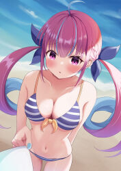 Rule 34 | 1girl, :o, absurdres, ahoge, beach, bikini, blue hair, blue nails, blush, braid, breasts, chino0803, clothes grab, collarbone, colored inner hair, cowboy shot, drill hair, french braid, from above, front-tie top, highres, hololive, long hair, looking at viewer, lowleg, lowleg bikini, medium breasts, minato aqua, minato aqua (hololive summer 2019), multicolored hair, navel, open mouth, pink hair, pov, purple eyes, streaked hair, striped bikini, striped clothes, swimsuit, twin drills, twintails, two-tone hair, very long hair, virtual youtuber