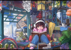 Rule 34 | 1girl, blue eyes, book, bowl, brown hair, cup, dlkdhy, flower, headset, lantern, open book, original, plant, reading, short hair, sitting, solo, twintails