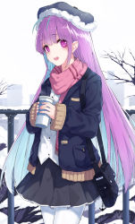 Rule 34 | 1girl, :o, bag, bag charm, black coat, black headwear, black skirt, blue hair, blush, casual, charm (object), cityscape, coat, colored inner hair, cup, day, disposable cup, fur-trimmed headwear, fur trim, highres, holding, holding cup, hololive, long sleeves, looking at viewer, looking back, minato aqua, miniskirt, multicolored hair, open clothes, open coat, open mouth, outdoors, pantyhose, pink eyes, pink hair, pink scarf, pleated skirt, railing, scarf, shirt, shoulder bag, sidelocks, skirt, snow, snozaki, solo, straight hair, striped, teeth, two-tone hair, upper teeth only, vertical stripes, virtual youtuber, white pantyhose, white shirt, winter