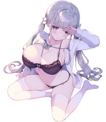 Rule 34 | 1girl, :o, absurdres, arm support, arm up, armpit peek, black bra, black panties, blue ribbon, blunt bangs, blush, bow, bow bra, bow panties, bra, breasts, cleavage, collarbone, collared shirt, from above, grey hair, hair ornament, hair scrunchie, highres, kat (bu-kunn), lace, lace bra, lace panties, large breasts, long hair, long sleeves, looking at viewer, navel, neck ribbon, no shoes, off shoulder, open clothes, open shirt, original, panties, parted lips, purple eyes, ribbon, school uniform, scrunchie, shirt, sidelocks, simple background, sitting, soles, solo, stomach, sweat, thighhighs, twintails, underwear, very long hair, white background, white shirt, white thighhighs, yokozuwari