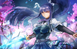 Rule 34 | 1girl, armor, blue hair, blunt bangs, breastplate, breasts, commentary, denko sekka, duel monster, expressionless, glowing, glowing sword, glowing weapon, hatano kiyoshi, high ponytail, highres, holding, holding sword, holding weapon, japanese armor, layered clothes, long hair, long sleeves, pink eyes, ponytail, short sleeves, sidelocks, skirt, solo, sword, tree, weapon, yu-gi-oh!