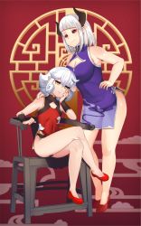 Rule 34 | 2girls, bare legs, bare shoulders, black horns, black sclera, blunt bangs, breasts, chair, china dress, chinese clothes, colored sclera, crossed legs, demon horns, dress, flat chest, flipped hair, hand on own hip, height difference, highres, horns, large breasts, medium hair, melodia (rouzille), multiple girls, original, pointy ears, purple dress, red dress, red eyes, red footwear, rouzille, shirt, shoes, sitting, sleeveless, sleeveless shirt, white hair, yellow eyes, ynemm (rouzille)