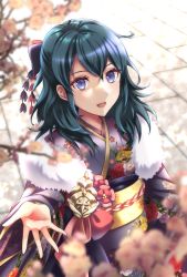 Rule 34 | 1girl, :d, alternate costume, blue eyes, blue hair, blurry, blurry foreground, byleth (female) (fire emblem), byleth (fire emblem), day, fire emblem, fire emblem: three houses, floral print, grey kimono, hair between eyes, highres, japanese clothes, kakiko210, kimono, long hair, new year, nintendo, open mouth, outdoors, outstretched hand, print kimono, smile, solo, standing, yukata