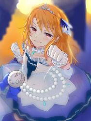 Rule 34 | 1girl, bare shoulders, blush, bracelet, brown eyes, clenched hands, commentary request, dress, gloves, highres, idolmaster, idolmaster cinderella girls, idolmaster cinderella girls starlight stage, incoming fist bump, jewelry, koichi makoto, long hair, looking at viewer, orange hair, pearl bracelet, pearl choker, pendant watch, smile, solo, stage lights, starry sky bright (idolmaster), strapless, strapless dress, teeth, tiara, watch, white dress, white gloves, yuuki haru