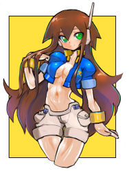Rule 34 | 1girl, aile (mega man zx), blush, bracelet, breasts, brown hair, cropped jacket, dakusuta, facing viewer, green eyes, hair between eyes, hair down, hand in own hair, highres, jewelry, long hair, looking at viewer, mega man (series), mega man zx, mega man zx advent, puffy short sleeves, puffy sleeves, robot ears, short sleeves, shorts, simple background, smile, solo, third-party edit, yellow background
