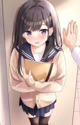 Rule 34 | 1boy, 1girl, black hair, black sailor collar, black skirt, black thighhighs, blush, breasts, brown cardigan, cardigan, commentary request, highres, kabedon, long sleeves, looking at viewer, medium breasts, hugging object, open mouth, original, out of frame, pleated skirt, purple eyes, sailor collar, school uniform, serafuku, skirt, sleeves past wrists, solo focus, standing, sweat, thighhighs, wavy mouth, yukimaru217