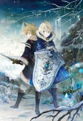 Rule 34 | 2boys, ahoge, back-to-back, bishounen, black gloves, blonde hair, blue eyes, blue sky, branch, castle, closed mouth, cover, crystal, eyes visible through hair, fantasy, fur-trimmed hood, fur trim, gloves, green eyes, hihara you, holding, holding sword, holding weapon, hood, hood down, icicle, male focus, multiple boys, official art, original, outdoors, scarf, shield, sky, snow, snowing, standing, sword, textless version, tree, weapon, winter, winter clothes