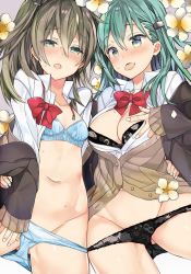 Rule 34 | aqua hair, araki kanao, black panties, blue eyes, blue panties, blush, bow, breasts, brown hair, brown jacket, collarbone, collared shirt, flower, green eyes, hair between eyes, hair ornament, hairclip, jacket, kantai collection, kumano (kancolle), large breasts, long hair, looking at viewer, navel, off shoulder, open clothes, open mouth, panties, ponytail, red neckwear, shirt, small breasts, suzuya (kancolle), underwear, upper body, white shirt