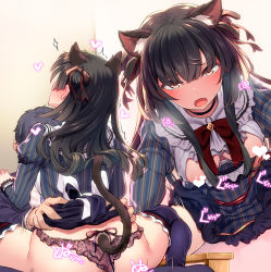 Rule 34 | 1boy, 1girl, ass, black hair, blunt bangs, blush, breasts, brown eyes, censored, cowgirl position, formal, frills, girl on top, heart, heart censor, highres, idolmaster, idolmaster shiny colors, implied sex, long hair, long sleeves, looking at viewer, matsukawa (pale scarlet), mayuzumi fuyuko, medium breasts, open mouth, producer (idolmaster), ribbon, shirt, short hair, straddling, suit, thighhighs, two side up