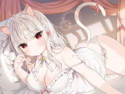 Rule 34 | 1girl, animal ear fluff, animal ears, antenna hair, arm tattoo, ass, bare shoulders, bed sheet, bell, blush, bow, braid, breasts, camisole, cat ears, cat girl, cat tail, cleavage, closed mouth, collarbone, eyelashes, hair between eyes, hair bow, heart, heart tattoo, highres, indoors, jingle bell, large breasts, long hair, looking at viewer, lying, mafuyu (chibi21), neck bell, non-web source, on bed, on side, original, panties, paw pose, pillow, red bow, red eyes, red ribbon, ribbon, side-tie panties, side braid, sidelocks, slit pupils, solo, strap slip, tail, tail ornament, tail raised, tail ribbon, tattoo, underwear, underwear only, white camisole, white hair, white neckwear, white panties, white ribbon