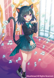 Rule 34 | 1girl, animal ear fluff, animal ears, beamed eighth notes, black hair, black jacket, black socks, blue bow, blue skirt, blush, bow, cardfight!! vanguard, cat ears, cat girl, cat tail, character request, copyright notice, eighth note, grey footwear, hair ornament, hairclip, indoors, jacket, loafers, long sleeves, looking at viewer, mirror, musical note, official art, open mouth, pleated skirt, purple eyes, quarter note, reflection, shirt, shoes, skirt, socks, solo, tail, watermark, white shirt, window, x hair ornament, yuuki rika