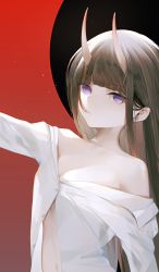 Rule 34 | 1girl, absurdres, azur lane, black background, black hair, blunt bangs, breasts, cleavage, close-up, collarbone, collared shirt, commentary request, expressionless, highres, hime cut, horns, ka11 ca, long hair, long sleeves, naked shirt, noshiro (azur lane), noshiro (cozy enclave) (azur lane), off shoulder, oni horns, purple eyes, red background, shirt, sidelocks, sleeves past wrists, small breasts, solo, unbuttoned, very long hair, white shirt