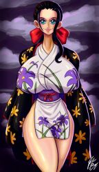 Rule 34 | 1girl, black hair, black jacket, blue eyes, breasts, cleavage, collarbone, hair ribbon, highres, jacket, jacket on shoulders, japanese clothes, kimono, large breasts, lips, long hair, looking at viewer, nico robin, nipples, obi, one piece, parted lips, ponytail, print jacket, print kimono, red ribbon, ribbon, sash, smile, solo, thick thighs, thighs, white background, white kimono