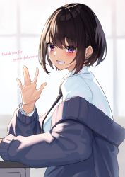 Rule 34 | 1girl, absurdres, artist self-insert, black necktie, blush, brown hair, commentary request, desk, from side, grin, hand up, highres, looking at viewer, necktie, off-shoulder sweater, off shoulder, original, purple eyes, shirt, short hair, smile, solo, sweater, teeth, white shirt, yamanokami eaka