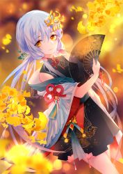 Rule 34 | autumn, bad id, bad pixiv id, blush, braid, china dress, chinese clothes, dress, fang, flower, hair ornament, hairpin, highres, jewelry, long hair, looking at viewer, silver hair, smile, solo, traditional clothes, twintails, vocaloid, yellow eyes, yu jiu, yuezheng ling