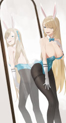 Rule 34 | 1girl, absurdly long hair, absurdres, animal ears, asuna (blue archive), asuna (bunny) (blue archive), bare shoulders, black background, black pantyhose, blue archive, blue bow, blue bowtie, blue leotard, blush, bow, bowtie, breasts, brown hair, chinese commentary, cleavage, commentary, covered navel, detached collar, elbow gloves, fake animal ears, full body, gloves, hair over one eye, hairband, highres, large breasts, leotard, long hair, looking at viewer, mirror, one eye covered, pantyhose, parted lips, playboy bunny, rabbit ears, reflection, simple background, sitting, smile, so shio, solo, thighs, very long hair, white footwear, white gloves, white hairband