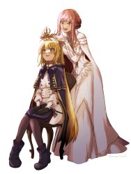 Rule 34 | 2girls, ahoge, artoria caster (fate), artoria caster (second ascension) (fate), artoria pendragon (fate), black gloves, blonde hair, blue bow, blue bowtie, blue cape, blue footwear, blush, bow, bowtie, brooch, brown pantyhose, buttons, cape, chair, cnoc na riabh (fate), commentary request, crown, dress, fate/grand order, fate (series), fur-trimmed cape, fur trim, gloves, gold trim, green eyes, hair between eyes, hat, unworn hat, unworn headwear, highres, holding, holding crown, jewelry, koma02634, long hair, long sleeves, medb (fate), multiple girls, official alternate costume, open mouth, pantyhose, pink eyes, pink hair, shoes, short hair, simple background, sitting, smile, swept bangs, twintails, twitter username, very short hair, white background, white cape, white dress