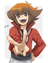 Rule 34 | 1boy, black shirt, border, brown eyes, brown hair, cowboy shot, grey background, grey pants, highres, jacket, light blush, looking at viewer, male focus, multicolored hair, open clothes, open jacket, open mouth, owk vs, pants, red jacket, shirt, smile, solo, teeth, tongue, translation request, two-tone hair, v, white border, yu-gi-oh!, yu-gi-oh! gx, yuki judai