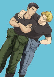 Rule 34 | 2boys, ao isami, arm around shoulder, black hair, blonde hair, dutch angle, eye contact, facial hair, feet out of frame, jumpsuit, lewis smith, looking at another, male focus, matsun (mathun), multiple boys, pectorals, shirt, sideburns stubble, smile, stubble, t-shirt, thick eyebrows, toned, yuuki bakuhatsu bang bravern
