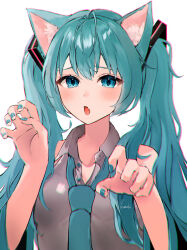 Rule 34 | 1girl, absurdres, animal ear fluff, animal ears, antenna hair, blush, breasts, cat ears, cat girl, commentary request, eyebrows hidden by hair, eyelashes, fang, green eyes, green hair, green nails, green necktie, grey vest, hair between eyes, hatsune miku, highres, looking at viewer, medium breasts, nail polish, necktie, open mouth, paw pose, sidelocks, simple background, solo, tananuki, twintails, upper body, vest, vocaloid, white background