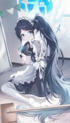 Rule 34 | 1girl, absurdly long hair, absurdres, apron, aris (blue archive), aris (maid) (blue archive), black dress, black hair, blue archive, blue eyes, dress, frilled apron, frills, handheld game console, highres, holding, holding handheld game console, hoyo illust, long hair, maid, maid headdress, mop, official alternate costume, pantyhose, parted lips, puffy short sleeves, puffy sleeves, ringed eyes, short sleeves, solo, very long hair, white apron, white pantyhose