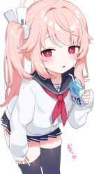 Rule 34 | 1girl, black sailor collar, black skirt, black thighhighs, blue archive, blush, drink, drinking straw, halo, heart, highres, holding, holding drink, inuyama nanami, long hair, long sleeves, milk carton, natsu (blue archive), neckerchief, open mouth, pink hair, pink halo, pleated skirt, red eyes, red neckerchief, sailor collar, side ponytail, simple background, skirt, solo, thighhighs, white background