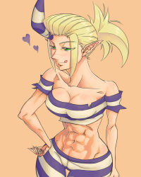 Rule 34 | 1girl, abs, bare shoulders, blonde hair, breasts, cameltoe, cleavage, collarbone, cowboy shot, crop top, female focus, green eyes, heart, horns, licking lips, muscular, namasomi, off-shoulder shirt, off shoulder, pointy ears, ponytail, prison clothes, scar, scythana (skullgirls), shirt, single horn, skullgirls, solo, thigh gap, tongue, tongue out, wide hips