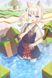 Rule 34 | 1girl, absurdres, animal ears, bag, block (object), blue dress, blue eyes, blunt bangs, cat ears, character name, cowboy shot, dress, eyelashes, fins, fish tail, gawr gura, gawr gura (casual), hand on own chest, handbag, highres, hololive, hololive english, in water, long hair, looking at viewer, minecraft, official alternate costume, open mouth, pickaxe, sbgu, shark tail, sharp teeth, shoulder bag, side ponytail, sidelocks, smile, solo, standing, stream, tail, teeth, tree, tsurime, virtual youtuber, wading, water, white hair