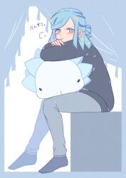 Rule 34 | 1boy, :i, puff of air, black shirt, black socks, blue eyes, blue hair, blush, character doll, commentary request, creatures (company), from side, game freak, gen 8 pokemon, grey pants, grusha (pokemon), highres, long hair, long sleeves, looking at viewer, male focus, mocacoffee 1001, nintendo, pants, pokemon, pokemon sv, pout, shirt, sitting, snom, socks