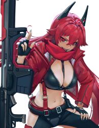 Rule 34 | 1girl, absurdres, antenna hair, anti-materiel rifle, belt, between breasts, black belt, black gloves, black jacket, black pants, breasts, bullpup, cleavage, commentary request, cowboy shot, cropped jacket, crossed bangs, crotch plate, fingerless gloves, fingernails, gloves, goddess of victory: nikke, gun, hair between eyes, hand on own thigh, highres, hip vent, horns, jacket, large breasts, leather, leather jacket, leather pants, long fingernails, long hair, long sleeves, looking at viewer, mechanical horns, navel, open clothes, open jacket, open mouth, pants, red eyes, red hair, red hood (nikke), red jacket, red scarf, rifle, scarf, sidelocks, simple background, slit pupils, sniper rifle, solo, standing, stomach, strap between breasts, suspenders, teeth, unzipped, upper teeth only, weapon, white background, yuyuyi