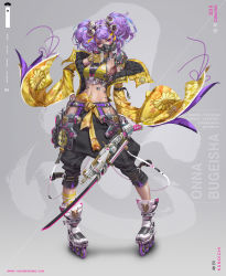 Rule 34 | 1girl, baggy pants, big hair, breasts, cable, character name, chinese clothes, commentary, covered mouth, cyberpunk, cyborg, dudou, english commentary, full body, gas mask, gunblade, hair ornament, hair ribbon, hand on own hip, headgear, highres, hip vent, holding, holding weapon, hong yu cheng, inline skates, jacket, joints, making-of available, mask, mechanical hands, medium breasts, navel, ninja, open clothes, open jacket, original, pants, pigeon-toed, purple eyes, purple hair, ribbon, robot joints, roller skates, single sock, skates, socks, solo, two side up, weapon, wide sleeves
