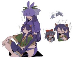 Rule 34 | 6+girls, anger vein, black hair, black thighhighs, blush, bow, breasts, brown horns, chibi, closed mouth, commentary request, cone horns, covered eyes, dress, elbow gloves, feet out of frame, flat chest, flower, flower on head, furuuchi, gloves, green shirt, hair bow, hakurei reimu, highres, horn ornament, horns, large breasts, long hair, medium bangs, mitsugashira enoko, multiple girls, nippaku zanmu, open mouth, purple dress, purple flower, purple gloves, purple hair, purple shorts, red bow, red eyes, shirt, shorts, sidelocks, simple background, sitting, sitting on lap, sitting on person, small horns, smile, son biten, tenkajin chiyari, thighhighs, touhou, translation request, very long hair, yomotsu hisami