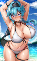 Rule 34 | 1girl, :o, absurdres, armpits, arms up, bare arms, bare shoulders, bikini, black choker, black hairband, blue hair, blue sky, blush, breasts, choker, cloud, collarbone, cowboy shot, day, eula (genshin impact), genshin impact, hair between eyes, hairband, highres, large breasts, long hair, looking at viewer, nose blush, parted lips, purple eyes, sky, solo, standing, swimsuit, thigh strap, thighs, uminekoin kujira, water, white bikini