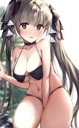 Rule 34 | 1girl, absurdres, artist name, azur lane, bare shoulders, between legs, bikini, blurry, blurry background, blush, breasts, brown eyes, brown hair, cleavage, cowboy shot, formidable (azur lane), hair ribbon, halterneck, halterneck, hand between legs, highres, large breasts, long hair, looking at viewer, midriff, navel, o-ring, o-ring top, palm leaf, parted lips, ribbon, solo, swimsuit, thighs, twintails, two-tone ribbon, very long hair, yolandabaka