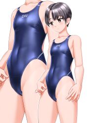 Rule 34 | 1girl, absurdres, black hair, blue one-piece swimsuit, breasts, brown eyes, clothes writing, commentary request, competition swimsuit, covered navel, cowboy shot, head out of frame, highres, multiple views, one-piece swimsuit, original, parted lips, short hair, simple background, small breasts, solo, swimsuit, takafumi, tomboy, white background, zoom layer