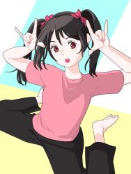 Rule 34 | 1girl, :o, artist name, artist request, asanoyoji, black hair, black pants, blush, bow, feet, female focus, hair bow, highres, looking at viewer, love live!, love live! school idol project, nico nico nii, pants, pink shirt, red bow, red eyes, shirt, short hair, sitting, smile, solo, twintails, yazawa nico