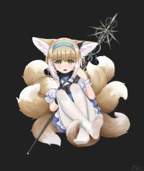 Rule 34 | 1girl, absurdres, animal ears, aqua hairband, arknights, artist request, blue hairband, braided hair rings, feet, flower pot, fox ears, fox girl, fox tail, gloves, grey hairband, hair rings, hairband, highres, holding, holding staff, hulihulihu, infection monitor (arknights), kitsune, kyuubi, multiple tails, no shoes, pantyhose, single glove, soles, staff, stairs, stone stairs, suzuran (arknights), tail, toes, white pantyhose