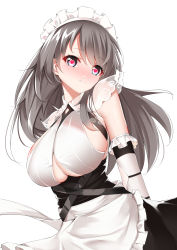 Rule 34 | 1girl, absurdres, apron, arms behind back, azur lane, black dress, blush, breasts, catnnn, charybdis (azur lane), cleavage, cowboy shot, detached sleeves, dress, drooling, framed breasts, from below, full-face blush, grey eyes, grey hair, grin, head tilt, heart, heart-shaped pupils, highres, huge breasts, large breasts, leaning forward, long hair, looking at viewer, maid, maid apron, maid headdress, naughty face, see-through, sideboob, simple background, skindentation, sleeveless, sleeveless dress, smile, solo, swept bangs, symbol-shaped pupils, underboob