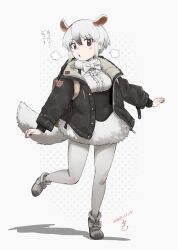 Rule 34 | 1girl, alternate costume, anteater ears, anteater tail, black corset, black hair, black jacket, blush, boots, bow, bowtie, brown eyes, center frills, coat, corset, extra ears, frills, full body, fur trim, hair between eyes, highres, ito yoki, jacket, kemono friends, long sleeves, multicolored hair, open clothes, open jacket, pantyhose, shirt, short hair, shorts, sidelocks, solo, southern tamandua (kemono friends), translation request, two-tone hair, white bow, white bowtie, white footwear, white fur, white hair, white pantyhose, white shirt, white shorts, winter clothes, winter coat