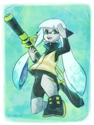 Rule 34 | 1girl, agent 3 (splatoon), artist name, artist request, bad id, bad pixiv id, fangs, green eyes, gun, inkling, inkling girl, inkling player character, kneeling, long hair, nintendo, on one knee, one eye closed, open mouth, rifle, salute, shorts, sniper rifle, solo, splatoon (series), splatoon 1, squidbeak splatoon, tentacle hair, teruo (sento1336), twitter username, vest, weapon, white hair