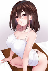 Rule 34 | 1girl, arm support, ass, bare arms, bare shoulders, black panties, blush, breasts, brown eyes, brown hair, camisole, collarbone, commentary request, from side, hair between eyes, huyumitsu, indoors, looking at viewer, medium breasts, medium hair, mole, mole under mouth, no pants, open mouth, original, panties, shiny skin, shirt, sleeveless, sleeveless shirt, solo, underwear, white shirt