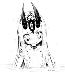 Rule 34 | 1girl, bathing, blush, closed mouth, collarbone, facial mark, fate/grand order, fate (series), flat chest, hair censor, horns, ibaraki douji (fate), long hair, looking at viewer, mizusaki (tengoku), monochrome, nude, oni horns, slit pupils, solo, tattoo, twitter username, upper body, wavy mouth