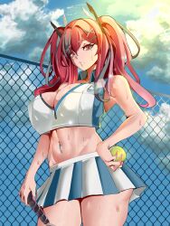 Rule 34 | 1girl, absurdres, azur lane, ball, bare arms, bare shoulders, blue sky, breasts, bremerton (azur lane), bremerton (scorching-hot training) (azur lane), chain-link fence, cleavage, cloud, commentary, cowboy shot, crop top, day, english commentary, fence, grey eyes, grey hair, highres, holding, holding ball, large breasts, leon kunisagi, long hair, looking at viewer, midriff, miniskirt, navel, navel piercing, parted lips, piercing, pink hair, pleated skirt, skirt, skirt set, sky, solo, standing, stomach, tennis ball, thighs, twintails