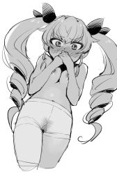 Rule 34 | 1girl, anchovy (girls und panzer), bangs, bare arms, bare shoulders, blush, bow, breast squeeze, breasts, constricted pupils, covering mouth, cowboy shot, cropped legs, crotch seam, drill hair, embarrassed, female pubic hair, from below, full-face blush, girls und panzer, greyscale, hair bow, hands up, highres, long hair, looking at viewer, monochrome, multiple hair bows, navel, nipples, no panties, own hands together, pantyhose, pubic hair, see-through legwear, simple background, sketch, small breasts, solo, stomach, surprised, topless, twin drills, twintails, ukokkei, v-shaped eyebrows, white background, wide-eyed
