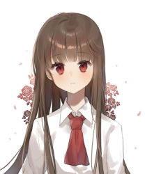 Rule 34 | 1girl, ascot, bad id, bad pixiv id, blush, brown hair, closed mouth, collared shirt, commentary, flower, head tilt, ib (ib), ib (kouri), long hair, looking at viewer, moffle (ayabi), petals, red ascot, red eyes, rose, shirt, solo, upper body, very long hair, white background, white shirt
