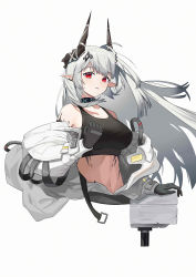 Rule 34 | 1girl, absurdres, arknights, bare shoulders, black choker, black gloves, breasts, choker, commentary, crop top, cropped torso, gloves, grey background, highres, horns, huge filesize, infection monitor (arknights), large breasts, long hair, looking at viewer, material growth, midriff, mudrock (arknights), mudrock (elite ii) (arknights), navel, off shoulder, oripathy lesion (arknights), pointy ears, red eyes, sanmu, silver hair, simple background, solo, sports bra, stomach, upper body, white background